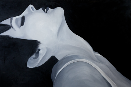 Black and white oil painting of a woman arching backward. Painting by Emily Gerbig