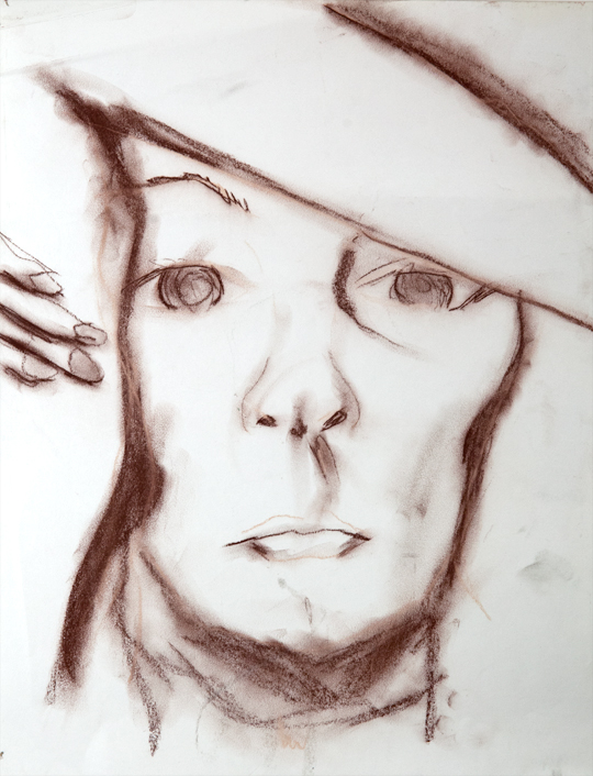 Oil pastel drawing of a woman looking through her arms to the viewer. Drawing by Emily Gerbig