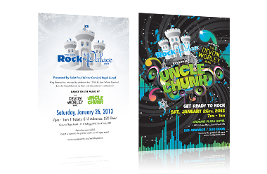 Emily Gerbig designed the branding, poster, and flyer/postcard design for the Royal Guards Rock The Palace Saint Paul Winter Carnival event